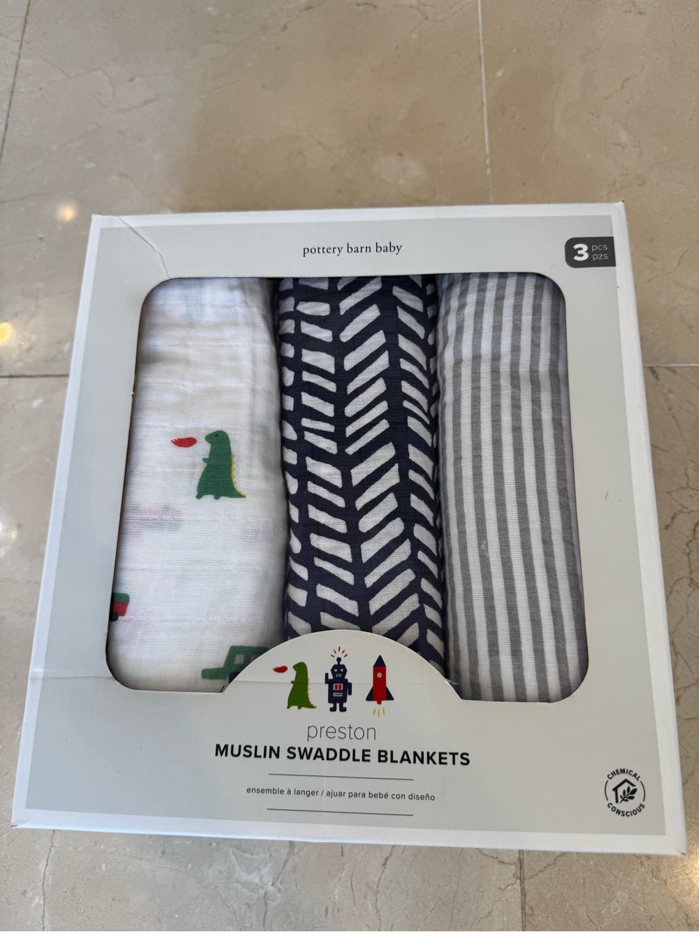 Pottery Barn Baby Preston Organic Muslin Swaddle Blanket Set 3-Pack NIB